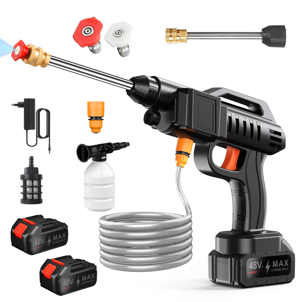 1500W 48V Portable Cordless High Pressure Car Washer with Self-Suction Capability and Foam Bottle, 40-50 Bar Power Cleaning Machine