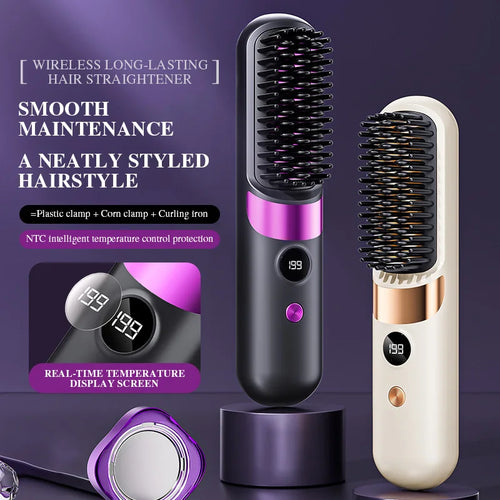 Revolutionary 2025 USB Cordless Hair Straightener Brush - Perfect Travel Companion with LED Display for Effortless Styling
