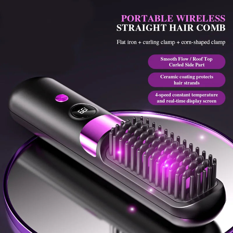 Revolutionary 2025 USB Cordless Hair Straightener Brush - Perfect Travel Companion with LED Display for Effortless Styling